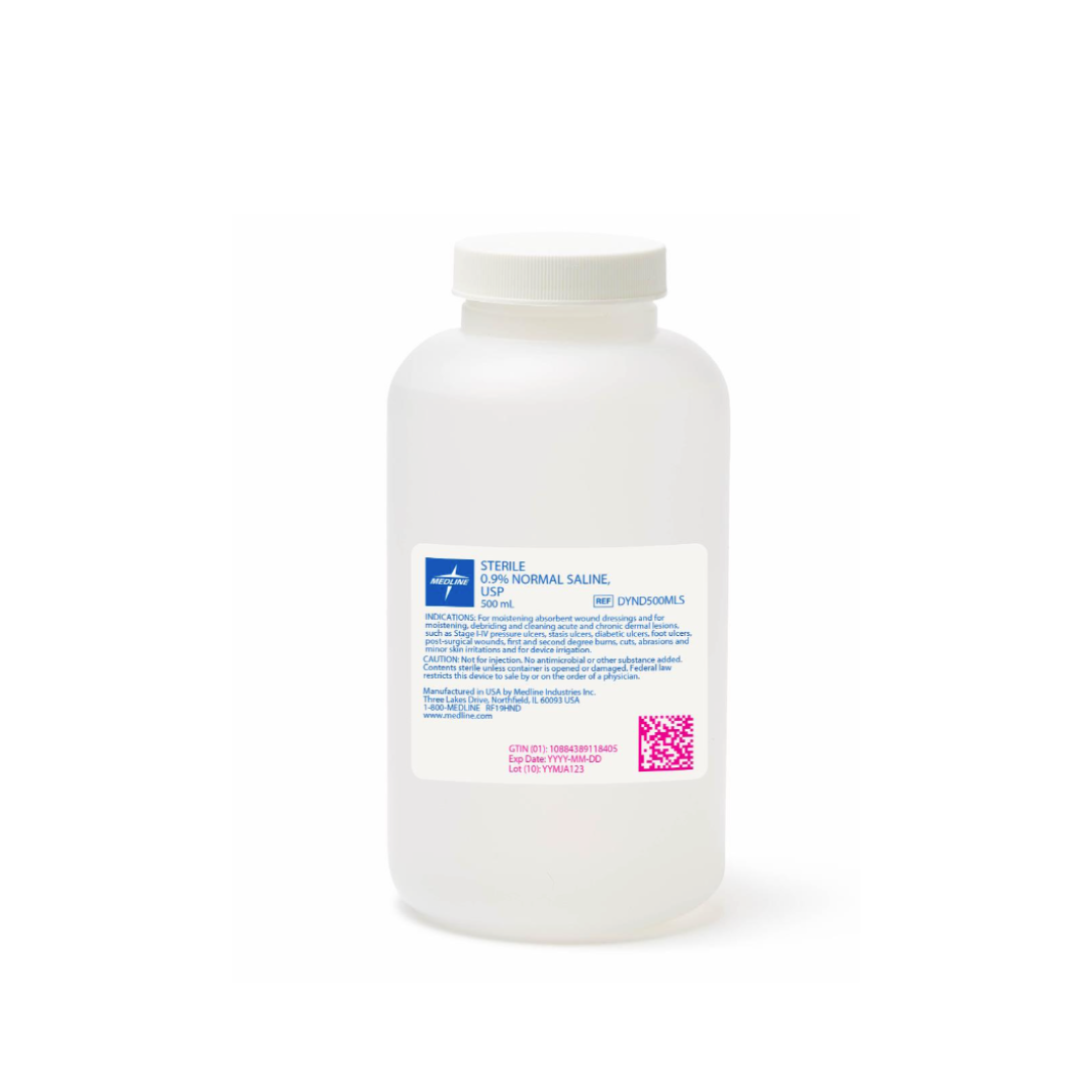 A clear plastic bottle with a white cap and white label contains Medline Sterile 0.9% Normal Saline; the label has blue text, a bottom-right QR code, and product specs for easy reference.